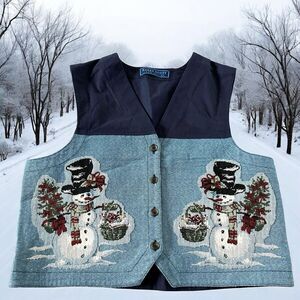 Vintage Karen Scott Women's Christmas Vest Size L Embroidered Tapestry Snowmen